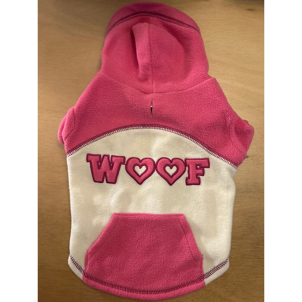 WOOF 🐶 Dog Sweater Hoodie Pink White size Medium 11.5”x10”